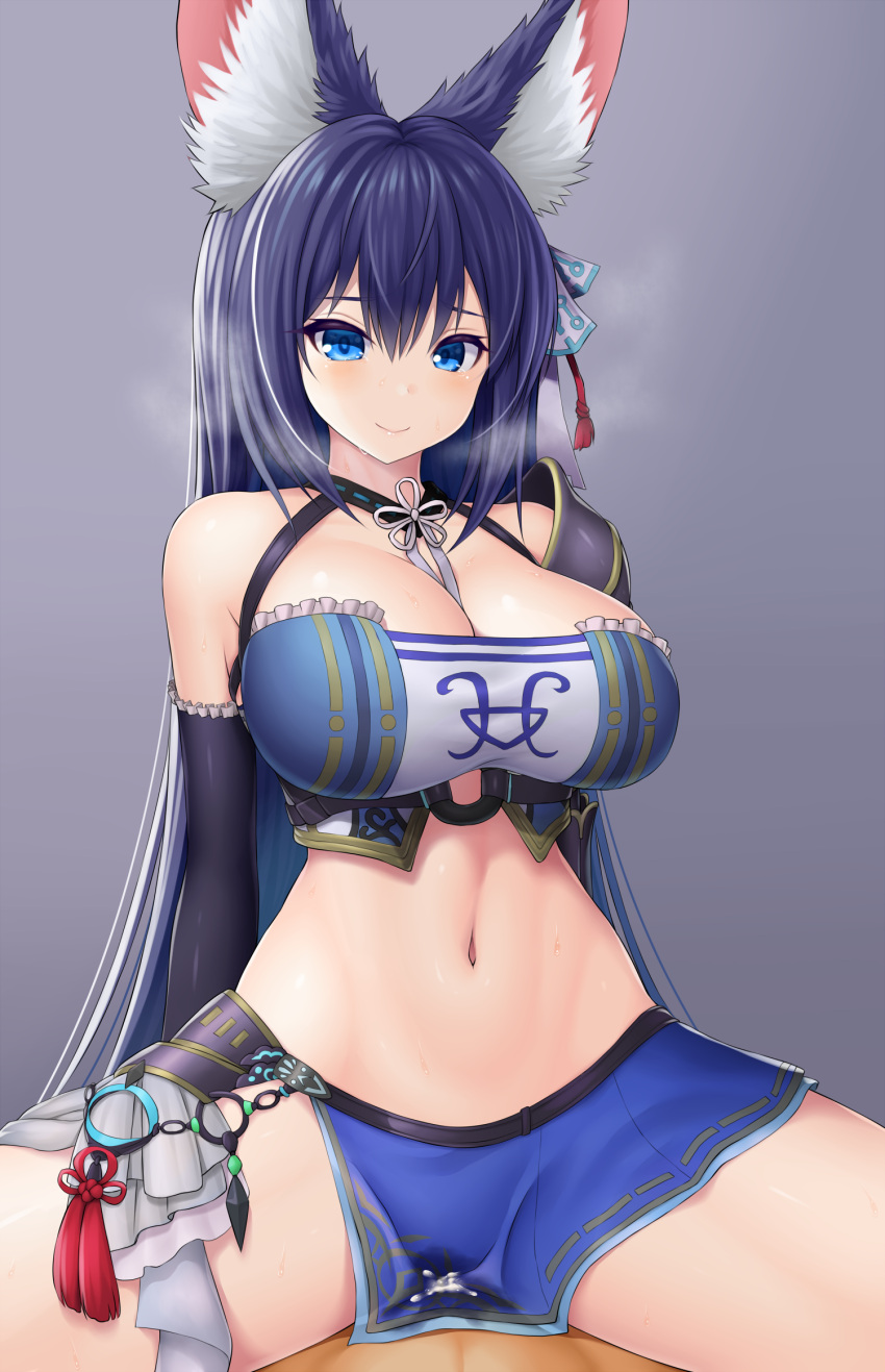 1boy animal_ears asamura_hiori between_breasts blue_eyes breasts cleavage cum elbow_gloves female gloves highres izuna_(ragnador) large_breasts looking_at_viewer navel pov purple_hair ragnador sex sitting skirt smile solo_focus spread_legs straight