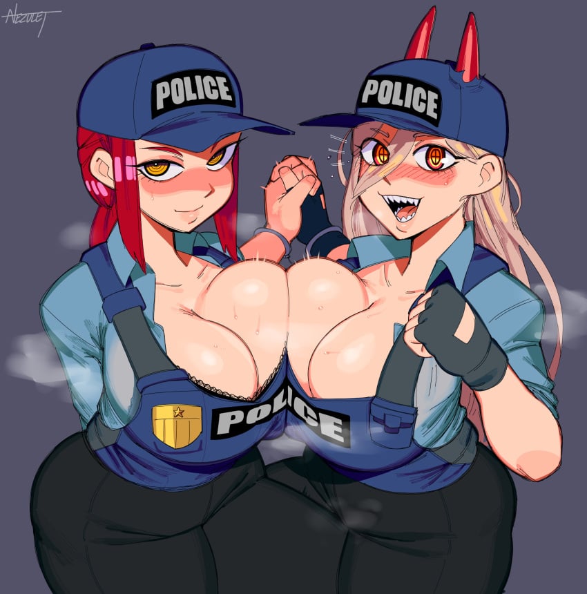 2girls big_breasts blonde_hair blush braided_hair breast_to_breast breasts busty chainsaw_man demon demon_girl eye_contact female female_only fingerless_gloves hand_holding hat horns long_hair looking_at_viewer makima_(chainsaw_man) nezulet orange_eyes police_uniform policewoman power_(chainsaw_man) red_hair sharp_teeth thick_thighs tight_clothing