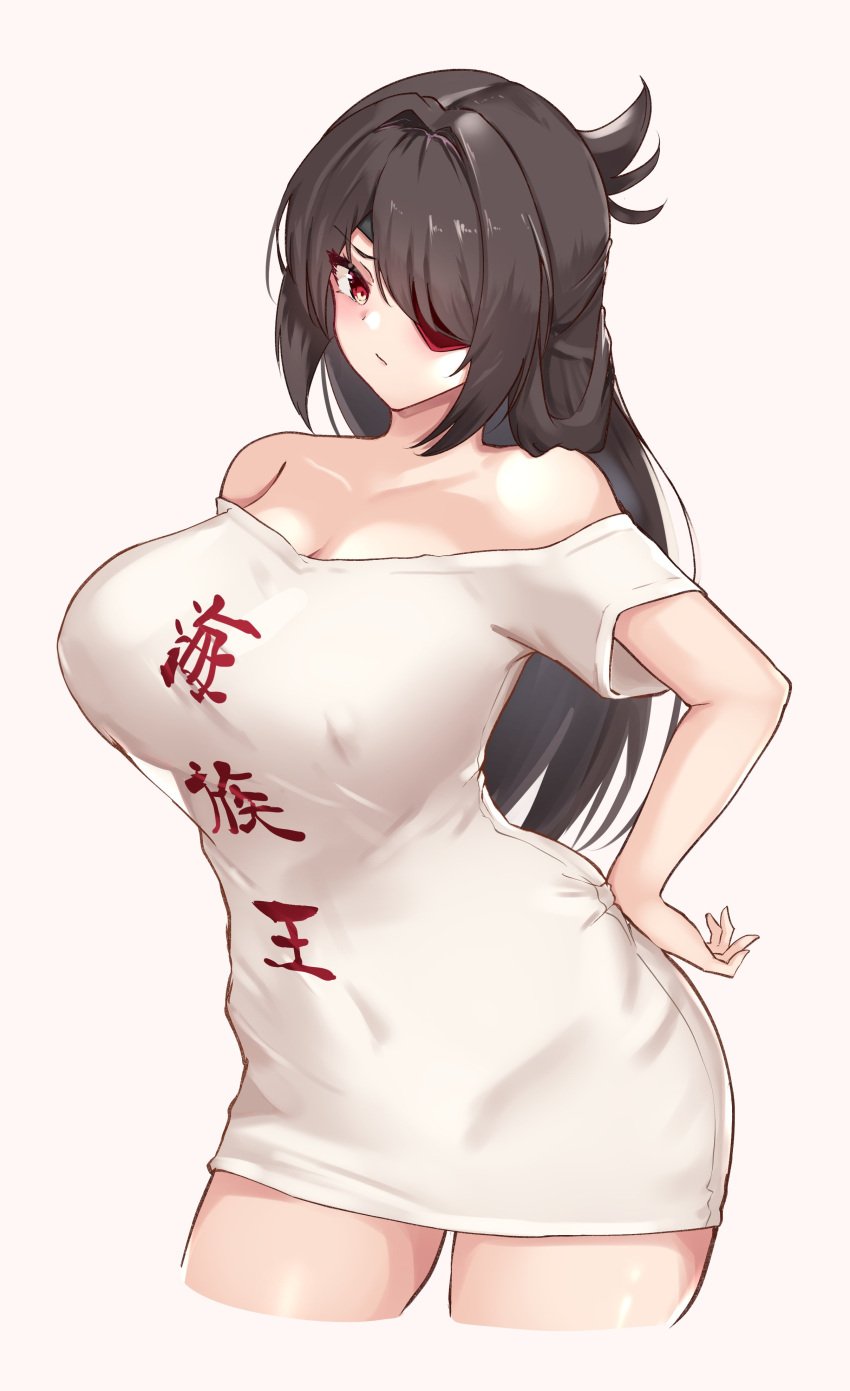 1girls alternate_breast_size bare_shoulders beidou_(genshin_impact) big_breasts big_shirt breasts brown_hair busty cleavage clothes clothing color colored curvaceous curvy curvy_body curvy_female curvy_figure dark_hair erect_nipples eyebrows_visible_through_hair eyepatch female female_only genshin_impact hand_on_hip huge_breasts japanese_text large_breasts large_shirt light-skinned light-skinned_female light_skin long_hair masaki_nanaya mihoyo nipple_bulge nipples_visible_through_clothing one_eye_covered one_eye_obstructed only_female oversized_clothes oversized_shirt red_eyes shirt simple_background solid_color_background solo solo_focus text text_on_clothing thick thick_thighs thighs top_heavy white_background