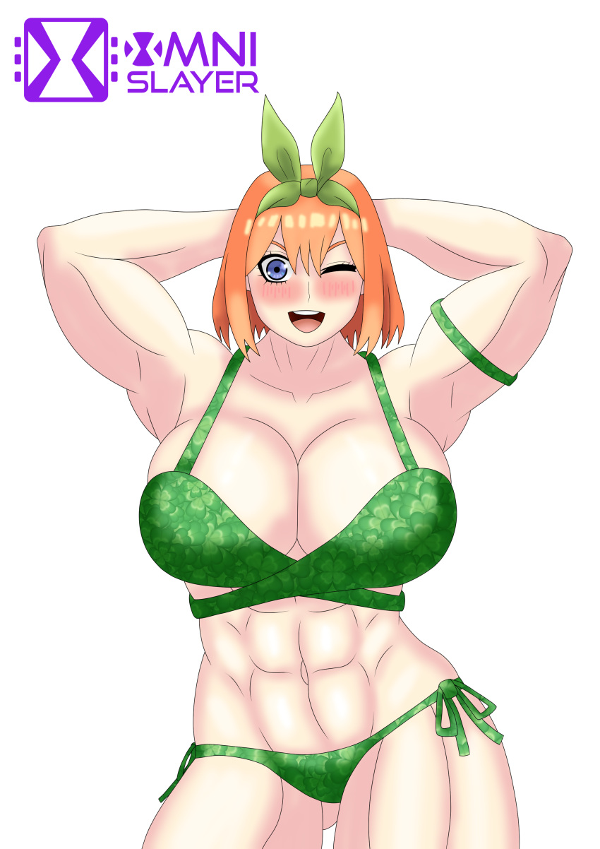 abs biceps big_biceps big_breasts bikini blue_eyes bursting_breasts cleavage cleavage_overflow confident curvaceous curvy curvy_figure female female_only flex flexing flexing_arms flexing_both_biceps flexing_muscles go-toubun_no_hanayome green_bikini green_ribbons hair_ornament hair_ribbon hands_behind_head huge_biceps huge_breasts large_breasts muscular_female muscular_thighs nakano_yotsuba omnislayer1993 orange_hair shiny_hair showing_off solo_female thick thick_thighs tight_bikini wide_hips wink winking winking_at_viewer