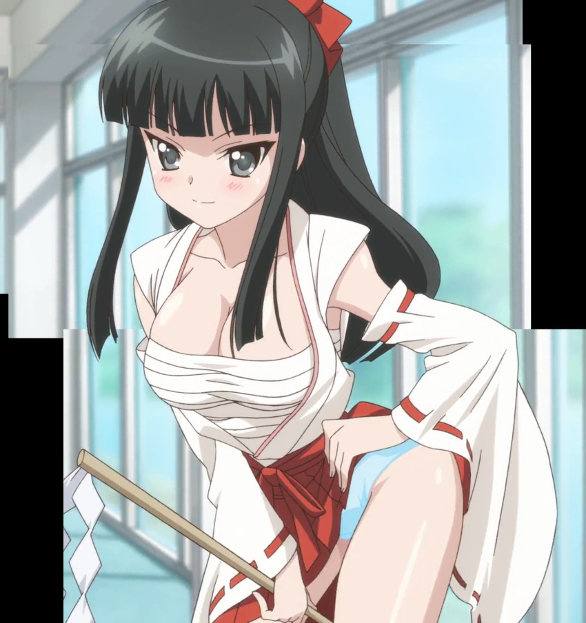 1girls 2d big_breasts black_hair breasts busty cleavage female female_only grey_eyes grey_hair hair_ribbon hakama hakama_skirt hand_on_hip highres japanese_clothes large_breasts leaning_forward looking_at_viewer mai_kagura miko panties ponytail pose posing r-15 ribbon sarashi screencap sensual shrine_maiden smile solo stitched thighs third-party_edit underwear