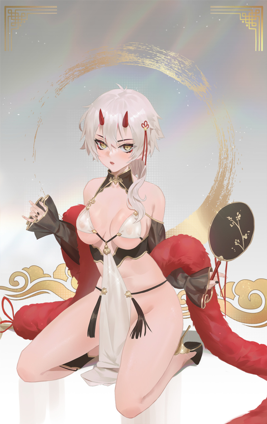 azur_lane bangs black_nails blush breasts cirilla_lin commentary female full_body hand_fan high_heels highres horns kinu_(azur_lane) looking_at_viewer medium_breasts medium_hair pelvic_curtain red_horns revealing_clothes sitting solo thighs traditional_media wariza white_hair yellow_eyes