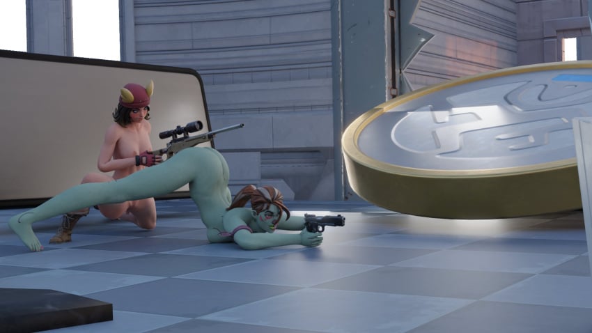 2girls 3d aiming_weapon breasts fortnite ghoul_trooper gun nude queenghoulynsfw skye_(fortnite) sniper_rifle