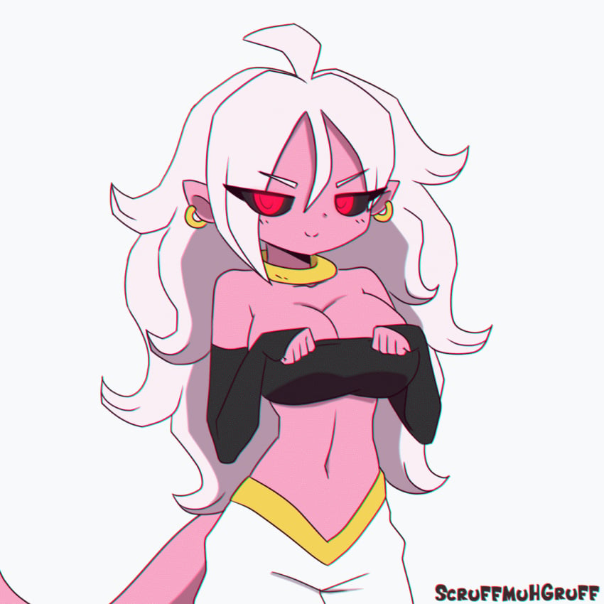 2d android_21 animated black_bra black_sclera breast_squish dragon_ball dragon_ball_fighterz dragon_ball_super dragon_ball_z majin_android_21 monster_girl red_eyes scruffmuhgruff shirt_down shirt_pull tagme tail white_hair