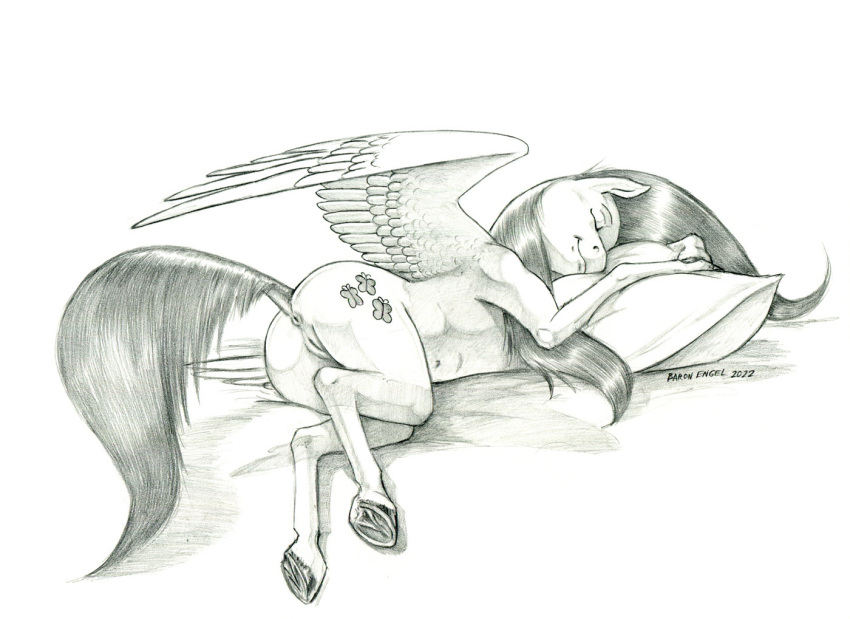 anus ass baron_engel cutie_mark equid equine feathered_wings feathers female feral fluttershy_(mlp) friendship_is_magic genitals graphite_(artwork) greyscale hasbro horse humanoid_genitalia humanoid_pussy humanoid_pussy_on_feral mammal monochrome my_little_pony navel nude pegasus pencil_(artwork) pillow pony pussy raised_tail simple_background sleeping solo spread_wings traditional_media_(artwork) white_background wings