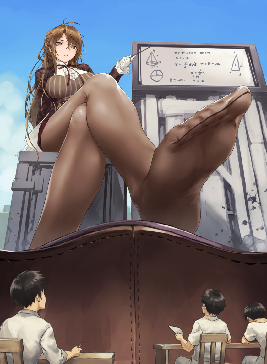 1girls 3boys absurdres billboard blue_eyes breasts brown_corset brown_hair brown_jacket brown_legwear classroom corset crossed_legs feet giant giantess girls'_frontline gloves highres jacket kaiju lee-enfield_(girls'_frontline) long_hair long_sleeves macro_female micro_male micro_on_macro official_alternate_costume outdoors pantyhose parted_lips pointer shoes shoes_removed sitting size_difference teaching teston white_gloves white_shirt