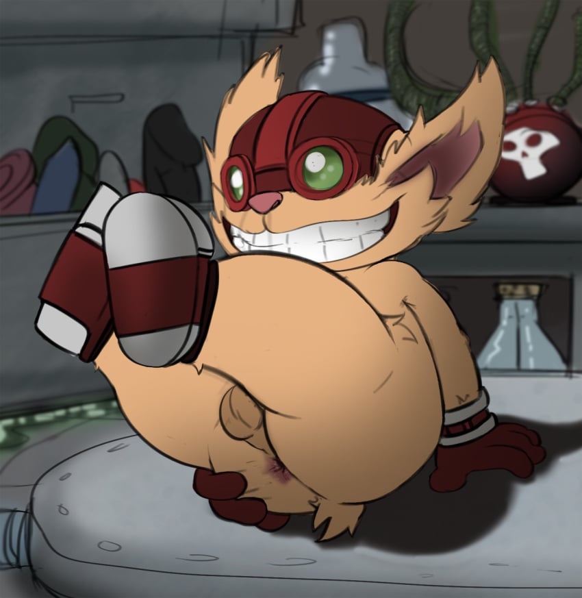 2013 anthro anus ass balls clothing eyewear footwear fur genitals gloves goggles handwear hi_res jerseydevil league_of_legends legs_up male mammal mostly_nude presenting riot_games shoes solo spread_anus spread_butt spreading teeth video_games yordle ziggs