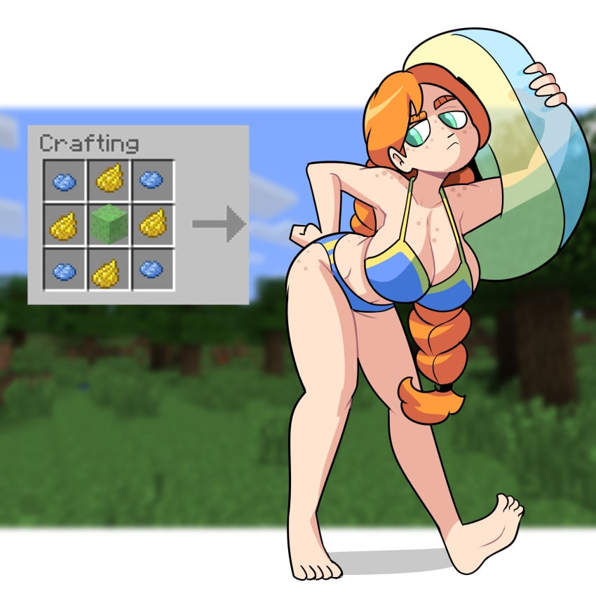 1girls alex_(minecraft) alternate_costume bare_arms bare_belly bare_hands bare_legs bare_shoulder bare_shoulders bare_stomach bare_thighs barefoot big_breasts bikini braid braided_hair braided_ponytail braids breasts cleavage crafting_grid feet female female_only freckles green_eyes green_eyes_female huge_breasts large_breasts legs long_hair long_hair_female minecraft orange_eyebrows orange_hair orange_hair_female pose pout red_hair solo_female superspoe swimsuit thick_legs thick_thighs thighs woman