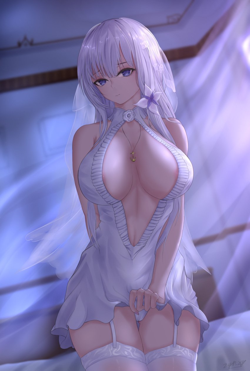 anchor_necklace areola_slip areolae arm_behind_back azur_lane bangs bare_shoulders blue_eyes breasts cameltoe cleavage cleavage_cutout closed_mouth clothes_lift clothing_cutout collarbone cowboy_shot dress dress_lift eyebrows_visible_through_hair female female flower garter_straps hair_flower hair_ornament highres illustrious_(azur_lane) illustrious_(morning_star_of_love_and_hope)_(azur_lane) indoors jewelry large_breasts long_hair looking_at_viewer navel necklace panties rose signature sleeveless solo thighhighs underwear veil white_dress white_flower white_hair white_legwear white_panties white_rose zynxy