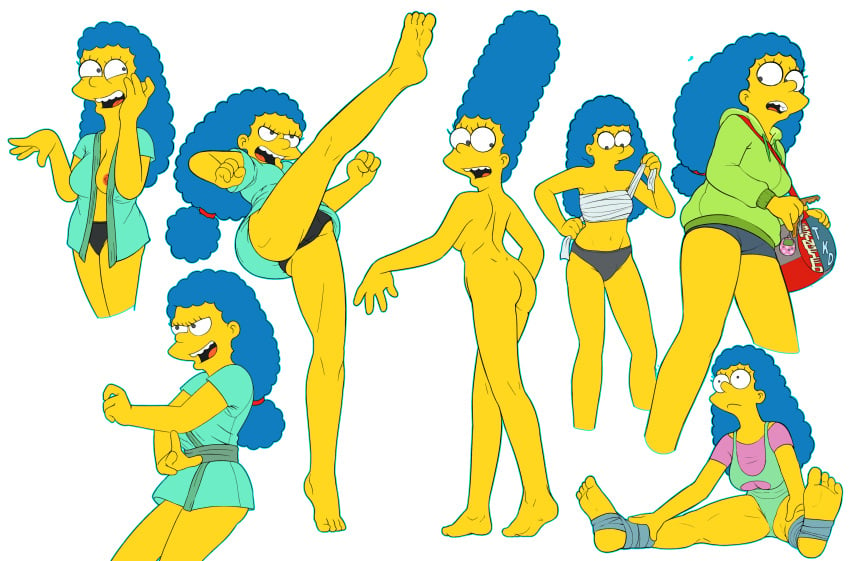 1girls ass breast_slip breasts drockdraw female female_only hair_down karate_gi long_hair marge_simpson nipples solo the_simpsons white_background workout_clothes