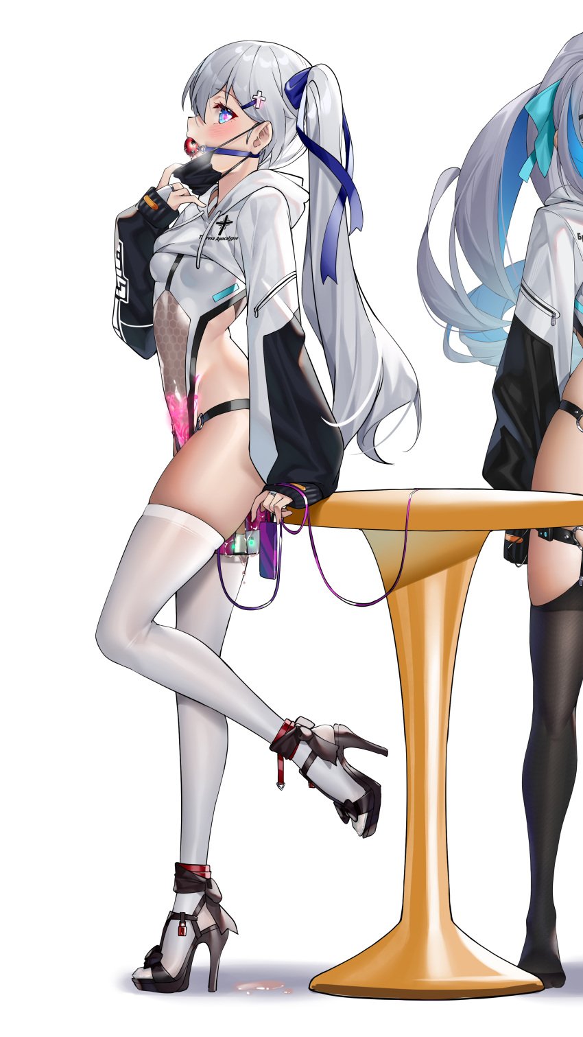 2girls absurdres anal anal_object_insertion ball_gag blue_eyes breasts bronya_zaychik covered_navel female female_only femsub full_body gag grey_hair heart heart-shaped_pupils high_heels highleg highres honkai_(series) honkai_impact_3rd locked_high_heels long_hair long_legs mask mouth_mask multiple_girls object_insertion pubic_tattoo pussy_juice side_ponytail skindentation small_breasts solo_focus standing standing_on_one_leg stockings symbol-shaped_pupils tattoo theresa_apocalypse thighhighs vaginal_object_insertion vaginal_penetration white_thighhighs yiduan_zhu