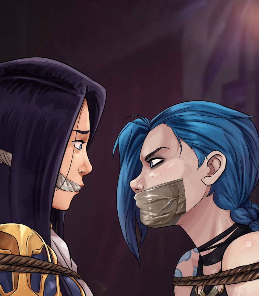 2girls arcane arms_tied_behind_back black_hair blue_eyes blue_hair bondage caitlyn_kiramman cleave_gag female female_focus female_only femsub gag gagged jinx_(league_of_legends) league_of_legends looking_at_another lostonezero multiple_girls multiple_subs restrained tape_gag