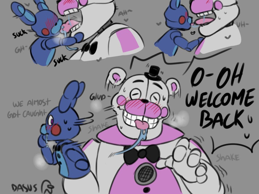 animatronic bear bear_ears cute dasus_(artist) domination five_nights_at_freddy's five_nights_at_freddy's:_sister_location funtime_freddy_(fnafsl) furry furry_only gay kissing male_only mechanophilia pink_skin puppet_bonnie_(fnafsl) robot robotic_arm saliva saliva_on_tongue scottgames side_difference sister_location suck sucking tongue tongue_kiss tongue_out white_skin