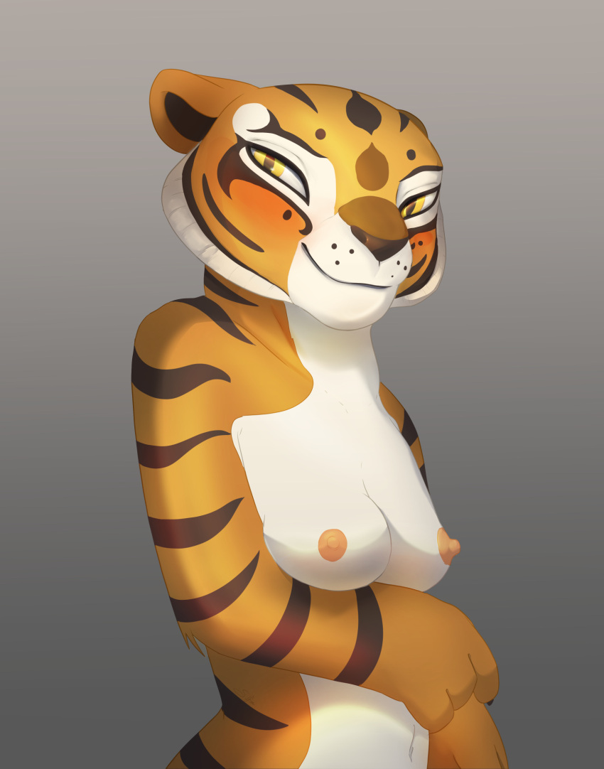 animal_humanoid anthro dreamworks felid felid_humanoid female fur fur_markings hi_res humanoid kung_fu_panda looking_at_viewer mammal mammal_humanoid markings master_tigress nipples nude pantherine pantherine_humanoid silfoe solo_focus tiger