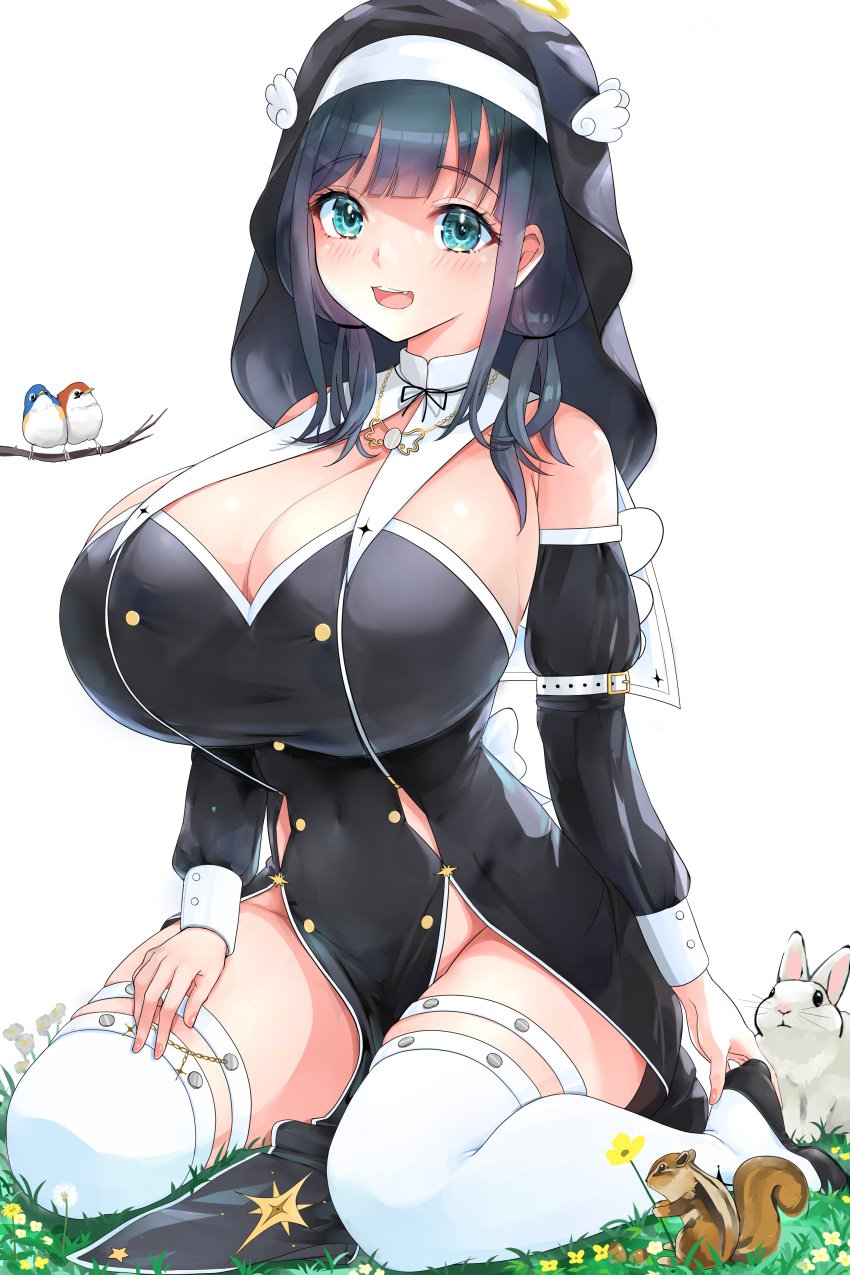 1girls 2d amano_nene_(vtuber) bangs bird black_hair breasts bunny busty cleavage clothed clothing color detached_sleeves eyebrows_visible_through_hair female female_only green_eyes huge_breasts kntrs_(knyrs) light-skinned_female light_skin nun open_mouth production_kawaii simple_background solo squirrel virtual_youtuber