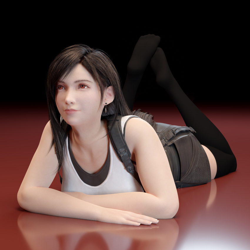 1girls 3d black_hair black_legwear black_sports_bra black_stockings clothed clothed_female clothes clothing earrings feet feet_up female female_only final_fantasy final_fantasy_vii final_fantasy_vii_remake fully_clothed laying_on_stomach neverseenme no_shoes red_eyes smile solo solo_female square_enix stockings the_pose thighhighs tifa_lockhart white_topwear