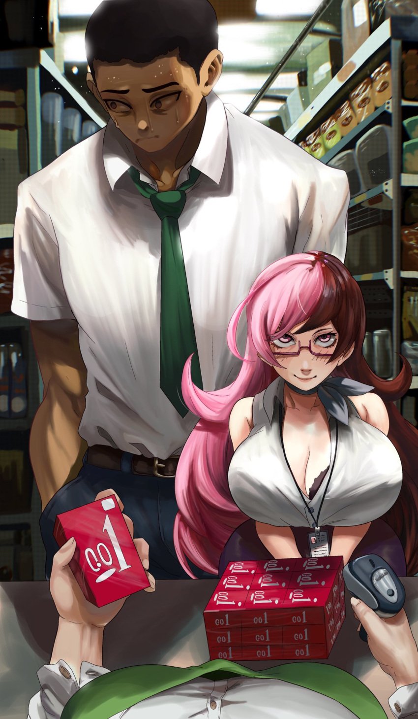 1boy 1girls black_hair brown_hair brown_skin busty buying_condoms clothing condom dominant_female female glasses huge_breasts human multicolored_hair neo_(rwby) noblood office_lady pink_eyes pink_hair pov rooster_teeth rwby shortstack size_difference submissive_male yatsuhashi_daichi