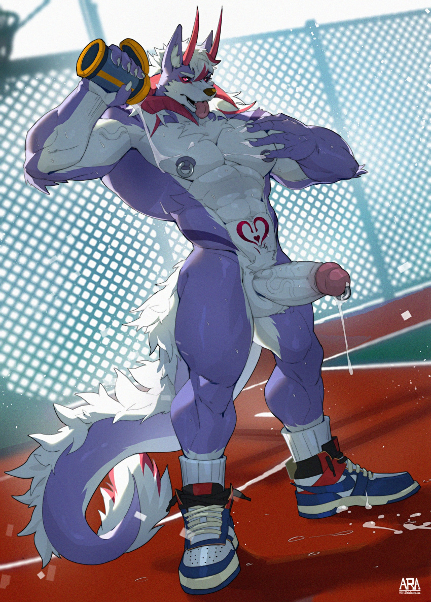 1boy anthro barazoku basketball_court beverage big_muscles black_sclera bodily_fluids chest_tuft claws clothing cum cum_drip cum_on_clothing cum_on_footwear dragon dripping erection footwear footwear_only fur furred_dragon genital_fluids genital_piercing genitals hair hi_res horn humanoid_genitalia humanoid_penis littleblackalas male male_only markings mostly_nude multicolored_body multicolored_hair muscular nipple_piercing nipples open_mouth outside penis penis_piercing piercing pink_eyes pouring purple_body purple_fur shoes sneakers socks solo tongue tongue_out touching_chest tuft two_tone_hair vein veiny_muscles veiny_penis white_body white_fur