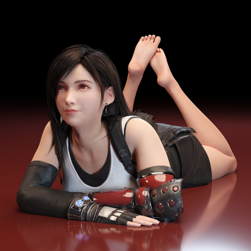 1girls 3d clothed clothed_female clothes clothing feet feet_up female female_only final_fantasy final_fantasy_vii final_fantasy_vii_remake fully_clothed laying_on_stomach neverseenme soles solo the_pose tifa_lockhart