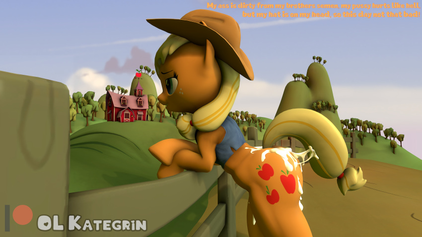 16:9 3d 3d_(artwork) abs absurd_res after_orgasm after_sex anthro applejack_(mlp) ass athletic athletic_female barn big_butt blonde_hair bodily_fluids bottomless bottomless_anthro bottomless_female bubble_butt clothed clothing comic cowboy_hat cum cum_between_legs cum_inside cum_on_back cum_on_butt cum_on_ground cum_on_leg cum_on_tail cum_on_thighs cutie_mark day denim denim_clothing denim_jacket dialogue digital_media_(artwork) ears_down earth_pony equid equine farm female fence floppy_ears freckles friendship_is_magic genital_fluids grass hair hasbro hat headgear headwear hi_res hill hooves horse light looking_away mammal muscular my_little_pony navel nude olkategrin orange_body outside pivoted_ears plant pony pose semi-anthro shadow small_waist smile smooth_skin solo source_filmmaker standing standing_position stylized stylized_text sunlight sweet_apple_acres tail_aside text tree wallpaper watermark wide_hips widescreen