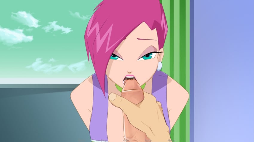 1boy 1girls blue_eyes eyes_half_open faceless_male holding_penis juiceshooters masturbation open_mouth penis penis_on_face pink_hair short_hair tecna tecna_(winx_club) tongue_out winx_club