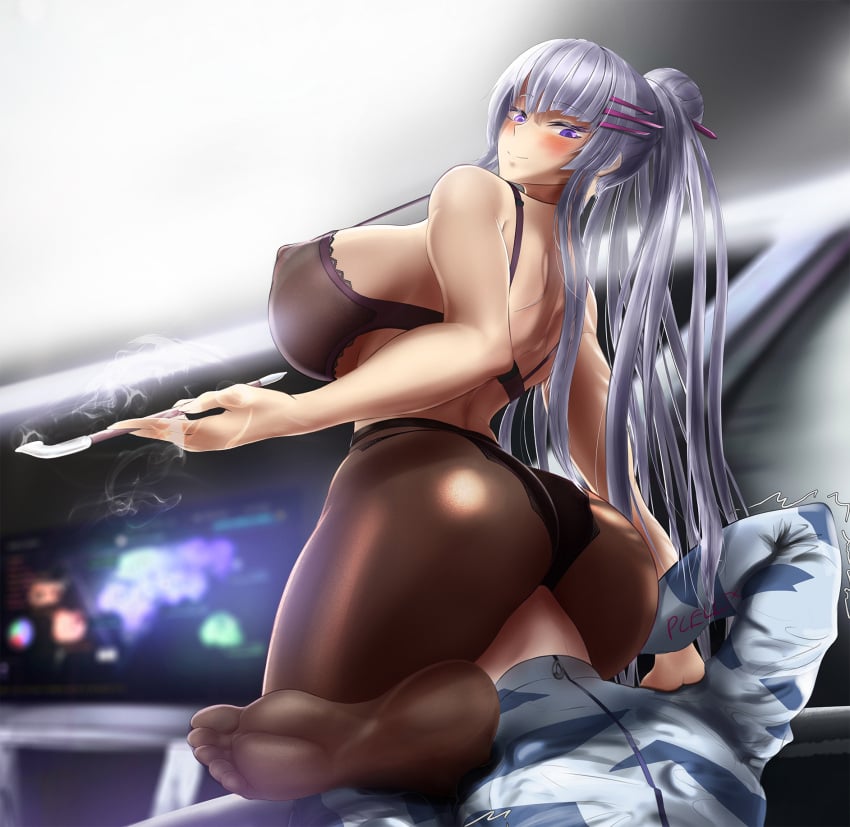 1boy areolae ass big_ass big_penis black_panties blush breasts eyebrows_visible_through_hair facesitting feet female frolaytia_capistrano hair_ornament heavy_object huge_breasts kiseru long_hair military_uniform nipples pantyhose pcell purple_eyes see-through_clothing silver_hair smile smoke smoking