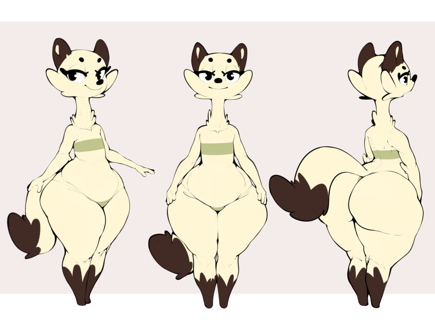 animal_humanoid anthro ass big_butt bottom_heavy clothing female flat_chested foxialewd hi_res huge_ass humanoid kaz_(foxialewd) mammal mammal_humanoid model_sheet mostly_nude mustela mustelid musteline narrow_shoulders pear-shaped_figure solo stoat thick_thighs thin_arms thin_waist true_musteline wide_hips