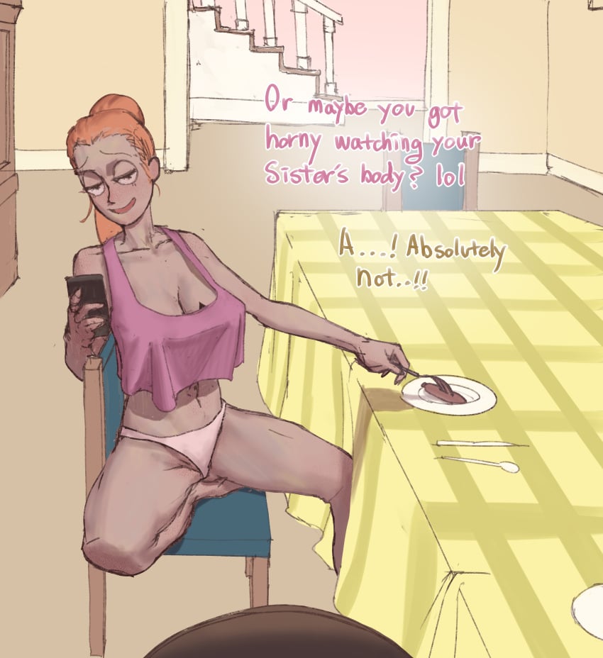 1boy 1girls absurdres brother_and_sister english_text female highres indoors morty_smith panties phone pink_clothing pink_crop_top pov queen_of_spades rick_and_morty summer_smith table tattoo wjs07