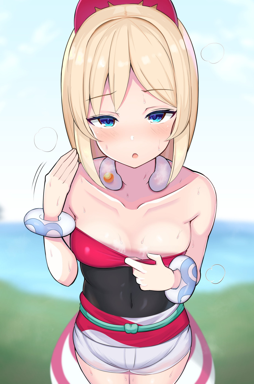 1girls 2022 blonde_hair blue_eyes blush body_heat choker clothed clothed_female fanning_self female female_only hi_res irida_(pokemon) jakko looking_at_viewer nintendo outdoors perky_breasts petite pokemon pokemon_legends:_arceus short_hair short_shorts slim_waist small_breasts solo solo_female steam steaming_body sweat sweaty_body too_hot top_pull visible_breath