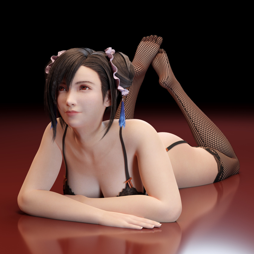 1girls 3d breasts cleavage feet feet_up female female_only final_fantasy final_fantasy_vii final_fantasy_vii_remake fishnets garter_belt laying_on_stomach lingerie neverseenme solo the_pose tifa_lockhart