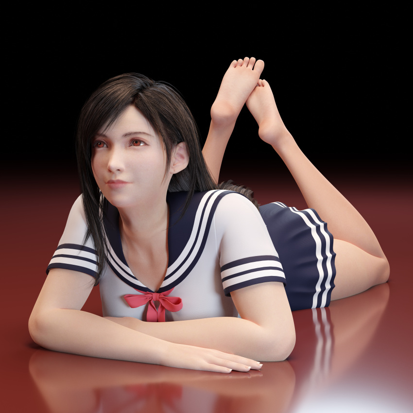 1girls 3d clothed clothed_female clothes clothing feet female female_only final_fantasy final_fantasy_vii final_fantasy_vii_remake fully_clothed laying_on_stomach neverseenme sailor_uniform school_uniform soles solo the_pose tifa_lockhart