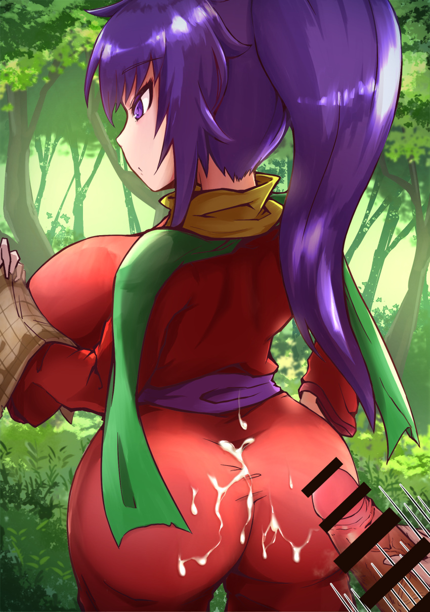 :o ajura_(kiiroi_kaiten_mokuba) arc_the_lad ass breasts censored collar cum cum_on_ass cum_on_body cum_on_clothes focused forest from_behind japanese_clothes kukuru large_ass large_breasts long_hair male_masturbation map masturbation motion_lines nature oblivious outdoors outside penis ponytail purple_eyes purple_hair reading sash scarf standing suprise_cumshot tied_hair trees unaware