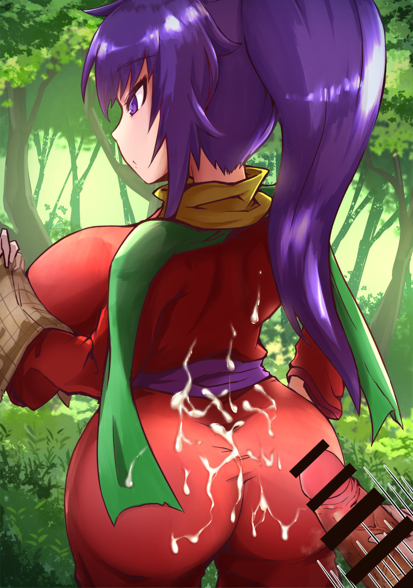 :o ajura_(kiiroi_kaiten_mokuba) arc_the_lad ass breasts censored collar cum cum_on_ass cum_on_back cum_on_body cum_on_clothes focused forest from_behind japanese_clothes kukuru large_ass large_breasts long_hair male_masturbation map masturbation motion_lines nature outdoors outside penis ponytail purple_eyes purple_hair reading sash scarf standing suprise_cumshot tied_hair trees