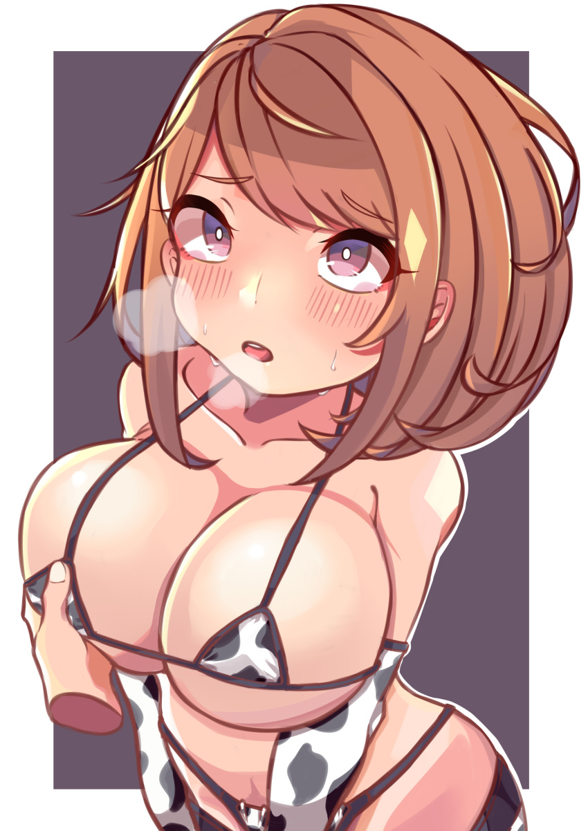 1girls big_breasts blush breast_grab breasts brown_eyes brown_hair cow_bikini cow_girl cow_print disembodied_hand female heavy_breathing huge_breasts micro_bikini my_hero_academia nmi ochako_uraraka solo thong