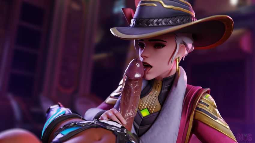 3d ashe_(overwatch) big_penis black_cat_sombra dark-skinned_futanari dark_skin dickgirl fellatio futa_on_female futanari interracial neonsin oral overwatch overwatch_2 precum socialite_ashe sombra veiny_penis