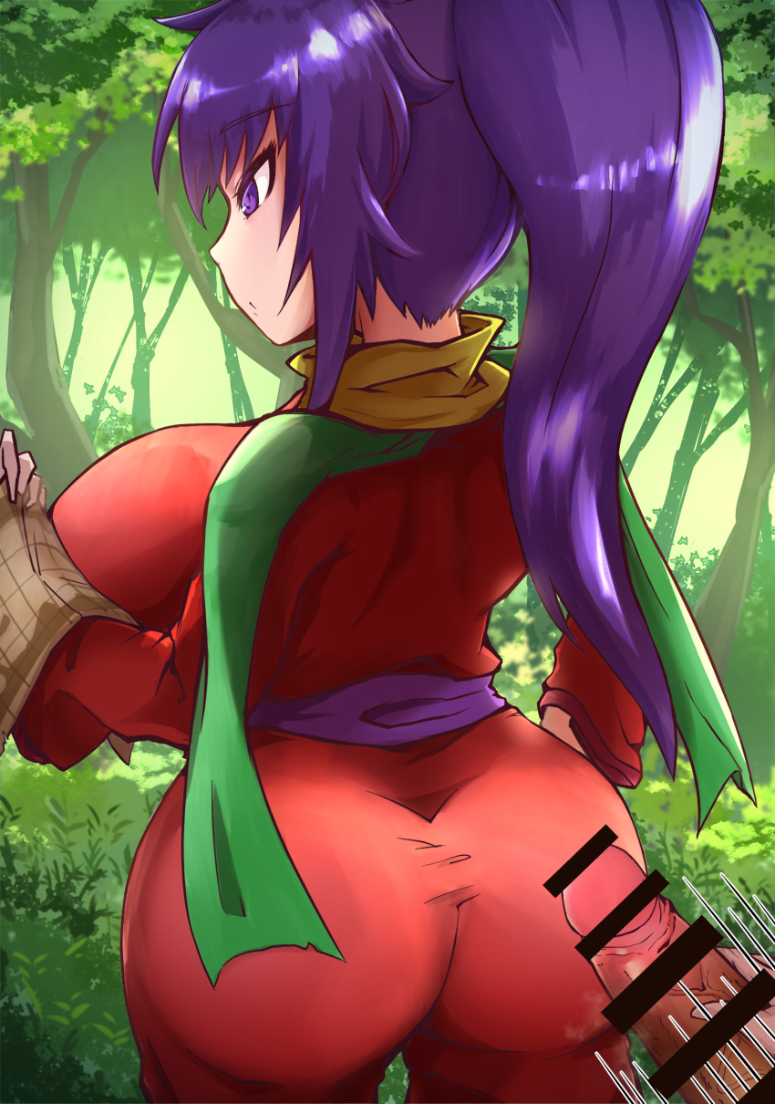 :o ajura_(kiiroi_kaiten_mokuba) arc_the_lad ass breasts censored collar focused forest from_behind japanese_clothes kukuru large_ass large_breasts long_hair male_masturbation map masturbation motion_lines nature outdoors outside penis ponytail purple_eyes purple_hair reading sash scarf standing tied_hair trees