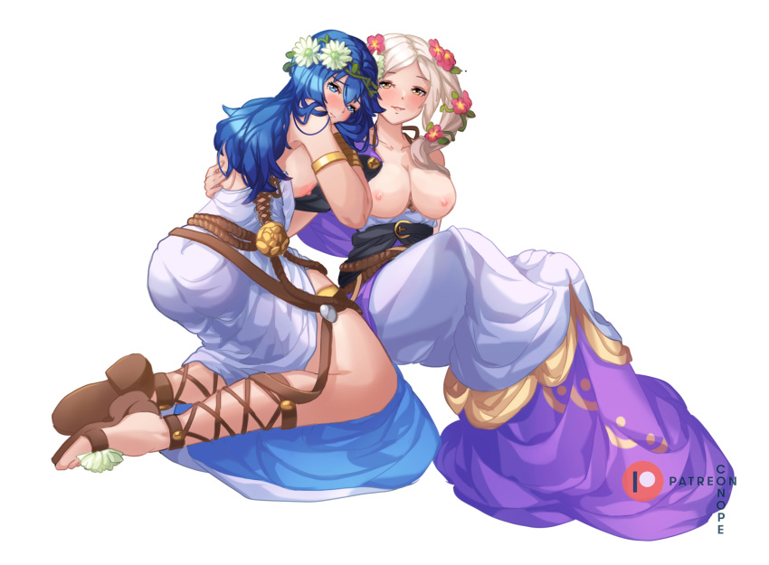 2girls alternate_costume breasts breasts_out conope dress female_only fire_emblem fire_emblem_awakening fire_emblem_heroes flower_in_hair hair_flower large_breasts lucina_(fire_emblem) lucina_(valentine)_(fire_emblem) multiple_girls nintendo nipples official_alternate_costume robin_(female)_(valentine)_(fire_emblem) robin_(fire_emblem) robin_(fire_emblem)_(female)