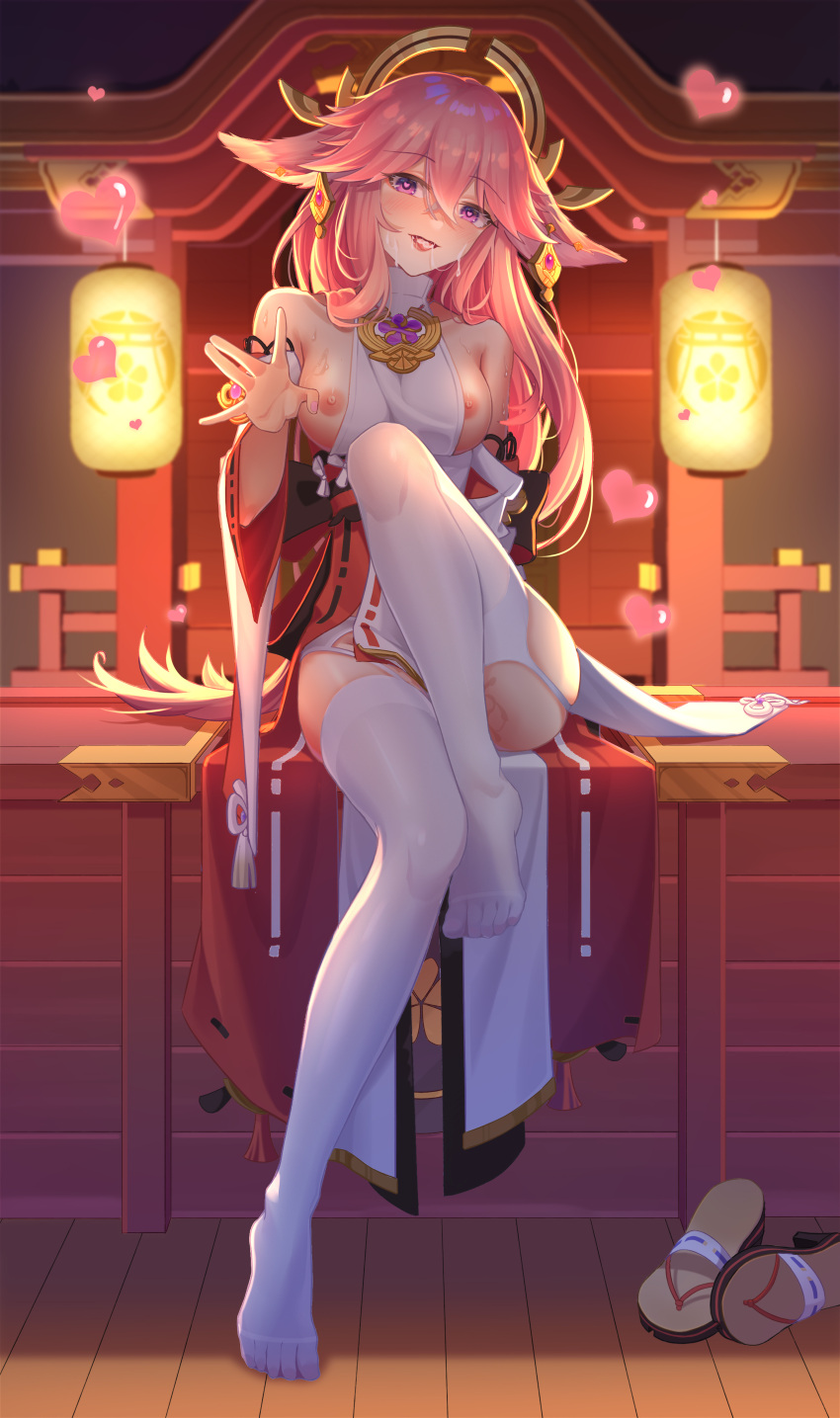 absurdres animal_ears blush breasts cum cum_in_mouth detached_sleeves facial feet female fox_ears fujiko_sugi garter_straps genshin_impact heart heart-shaped_pupils highres japanese_clothes kimono knee_up lantern long_hair looking_at_viewer medium_breasts miko naughty_face nipples no_shoes nose_blush pink_hair priestess purple_eyes pussy_juice shoes shoes_removed sideboob sitting sleeveless sleeveless_kimono smile solo sweat symbol-shaped_pupils thighhighs tongue tongue_out white_legwear wide_sleeves yae_miko