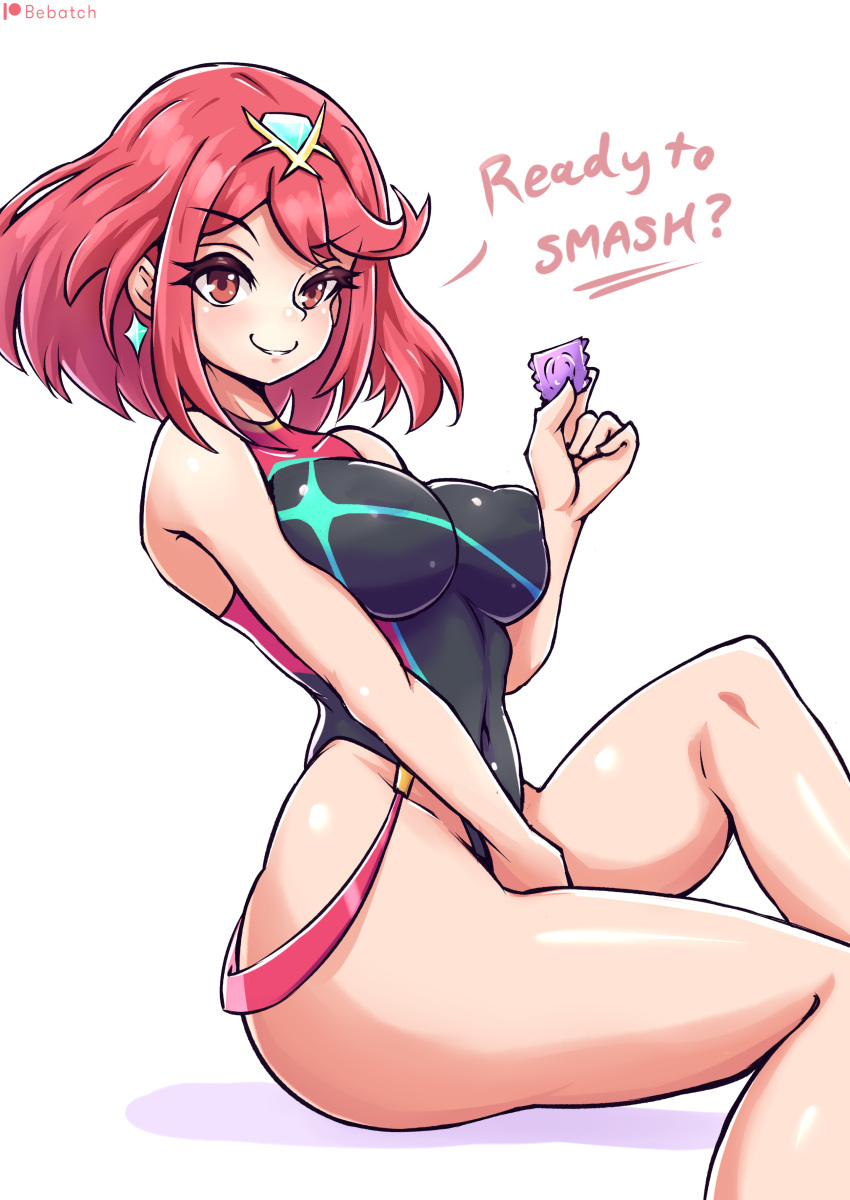 1girls alternate_costume bare_arms bare_legs bare_shoulders bebatch breasts condom female homura_(xenoblade_2) inviting large_breasts legs nintendo nipples_visible_through_clothing pyra red_eyes red_hair short_hair solo swimsuit tagme thick_thighs xenoblade_(series) xenoblade_chronicles_2