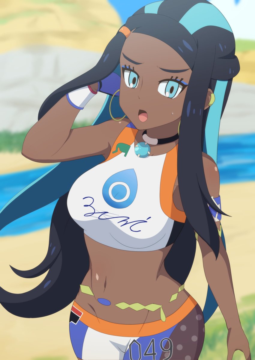 1girls beach dark-skinned_female nessa_(pokemon) nintendo outdoors pokemon pokemon_ss sand yugo-eti