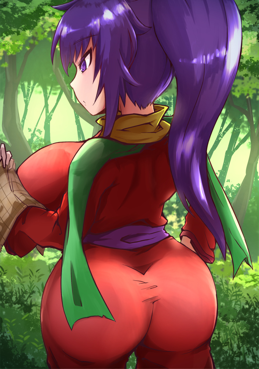 :o ajura_(kiiroi_kaiten_mokuba) arc_the_lad ass breasts collar focused forest from_behind japanese_clothes kukuru large_ass large_breasts long_hair map nature outdoors outside ponytail purple_eyes purple_hair reading sash scarf standing tied_hair trees