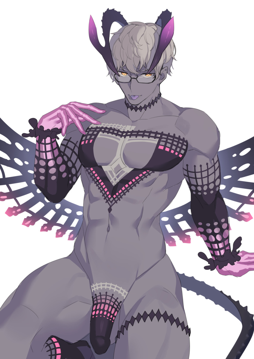 1boy :p abs absurdres alternate_costume alternate_pectoral_size chest_tattoo colored_skin commentary_request cosplay curled_horns demon_boy detached_sleeves etap fate/grand_order fate_(series) glasses grey_hair grey_skin highres horns jacques_de_molay_(fate) jacques_de_molay_(foreigner)_(fate) jacques_de_molay_(foreigner)_(fate)_(cosplay) looking_at_viewer male_focus male_only mature_male muscular muscular_male navel nipples pectoral_cleavage pectorals penis qwq1151h short_hair solo stomach tattoo thick_thighs thighs tongue tongue_out uncensored