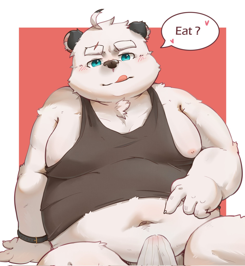 2022 anthro belly blue_eyes blush bodily_fluids bulge clothed clothing erection erection_under_clothing genital_fluids hi_res kemono male mammal moobs morian_xs navel nipples overweight overweight_male precum shirt sitting solo text tongue tongue_out topwear ursid