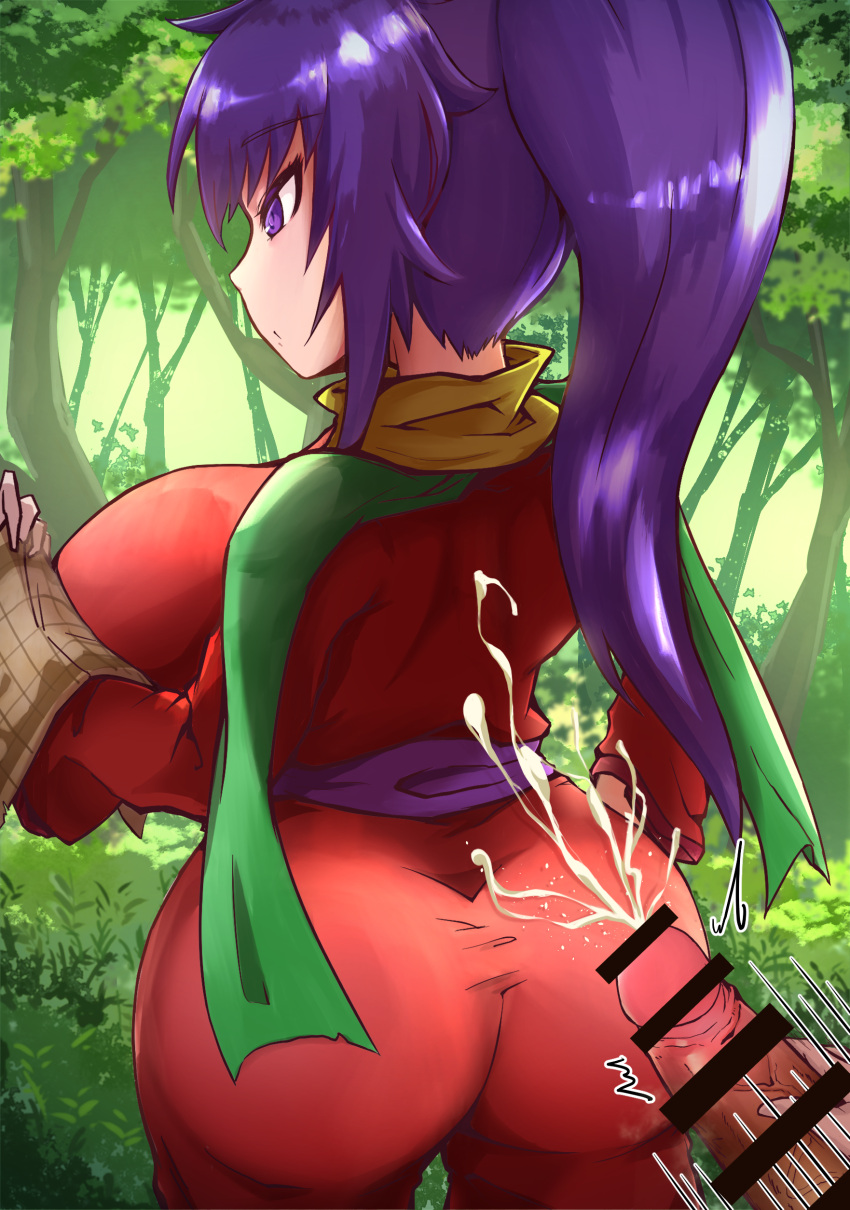 :o ajura_(kiiroi_kaiten_mokuba) arc_the_lad ass breasts censored collar cum cumshot ejaculation focused forest from_behind japanese_clothes kukuru large_ass large_breasts long_hair male_masturbation map masturbation motion_lines nature outdoors outside penis ponytail purple_eyes purple_hair reading sash scarf standing tied_hair trees