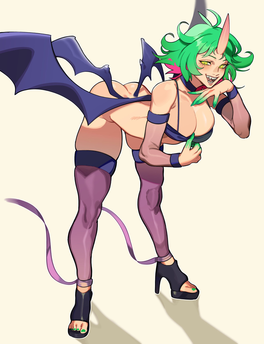 big_breasts demon_girl female green_hair horn no_panties porqueloin tagme wings