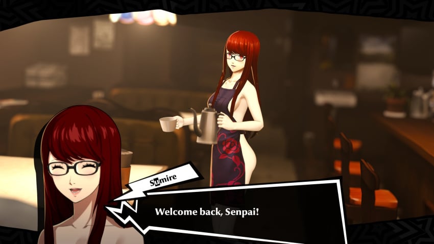 3d alternate_version_at_source apron_only blushing cafe chair character_portrait coffee coffee_cup glasses looking_at_viewer mouth_open naked_under_clothes naked_underneath nude_underneath nuttinxpo persona persona_5 pitcher red_eyes red_hair smiling smiling_at_viewer sumire_yoshizawa table talking_to_partner text text_box