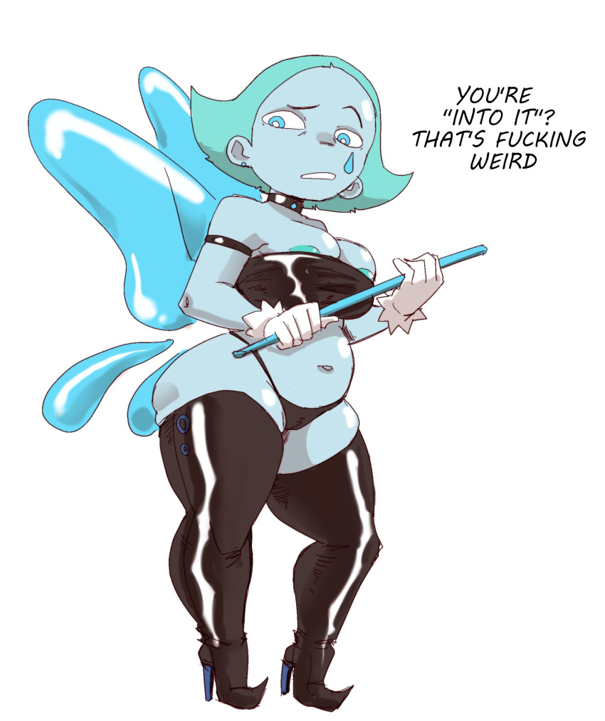 aquamarine_(steven_universe) blue_eyes blue_skin box_chan cane choker dominatrix exposed_nipples femdom gloves high_heels holding_cane holding_object latex latex_boots latex_bra latex_panties shiny spiked_choker spikes steven_universe thigh_boots white_background wings