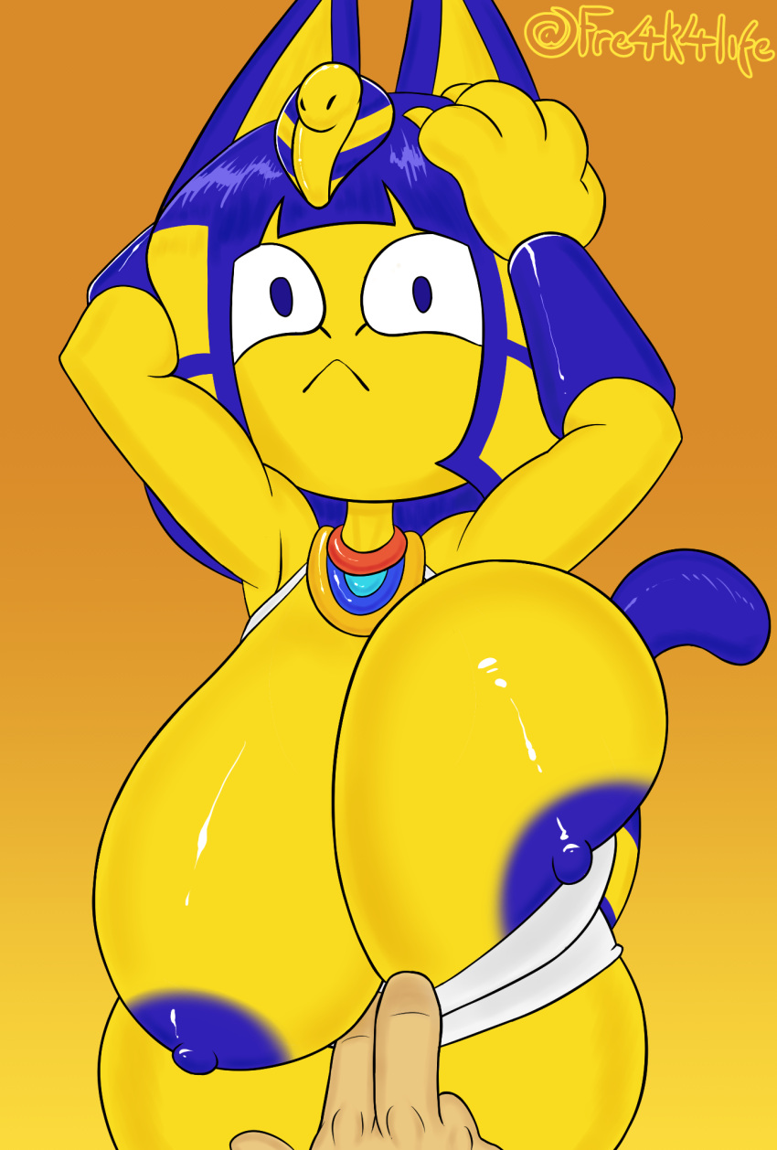 animal_crossing ankha ankha_(animal_crossing) anthro assisted_exposure big_breasts breast_squish breasts disembodied_hand domestic_cat duo felid feline felis female fre4k4life frown gradient_background hi_res huge_breasts human looking_at_viewer mammal nintendo nipple_slip orange_background simple_background squish surprise video_games wide_eyed