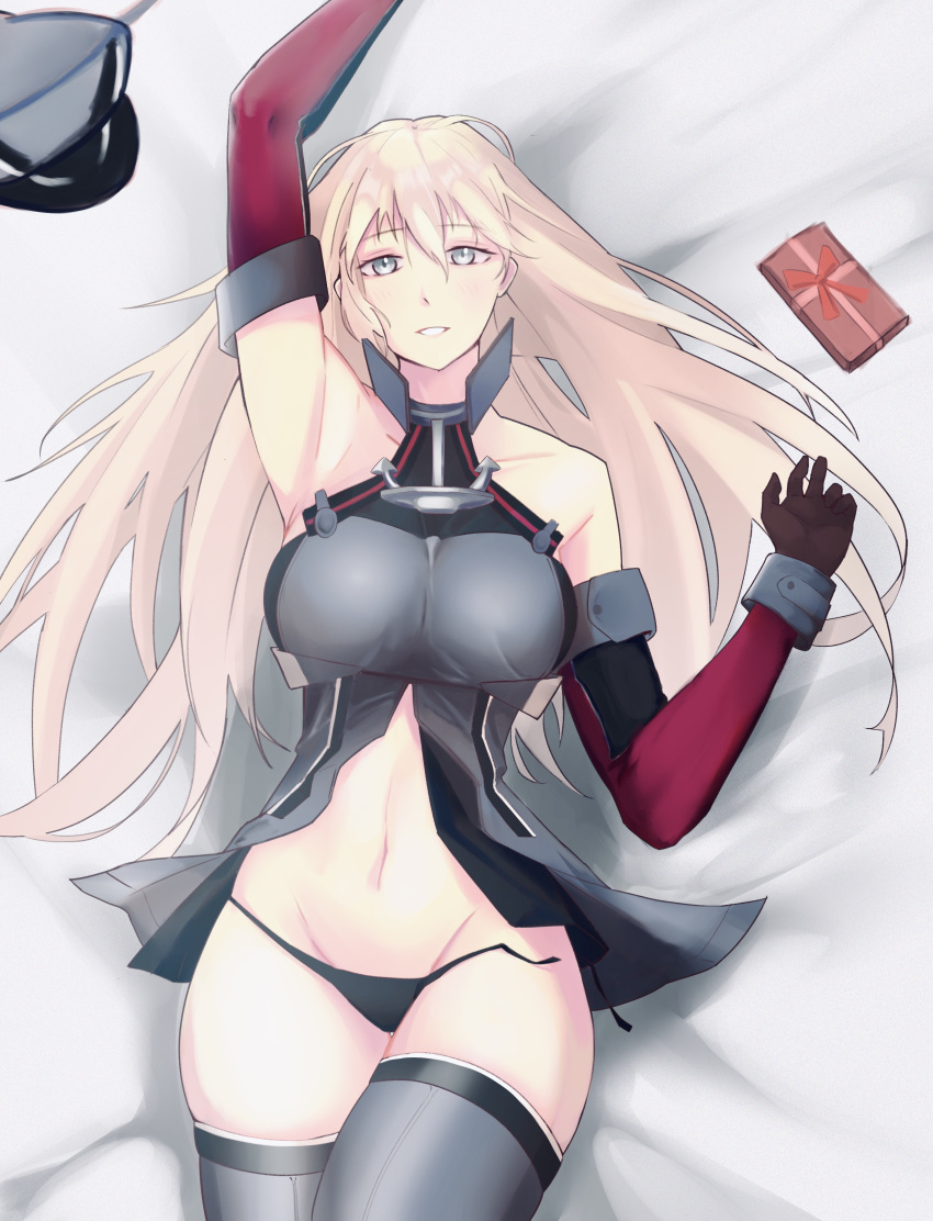 absurdres anchor bismarck_(kantai_collection) black_panties blonde_hair breasts brown_gloves detached_sleeves female gloves grey_eyes grey_legwear hat headwear_removed highres kantai_collection kekekelown large_breasts lying military military_uniform navel on_back panties peaked_cap solo thighhighs underwear uniform