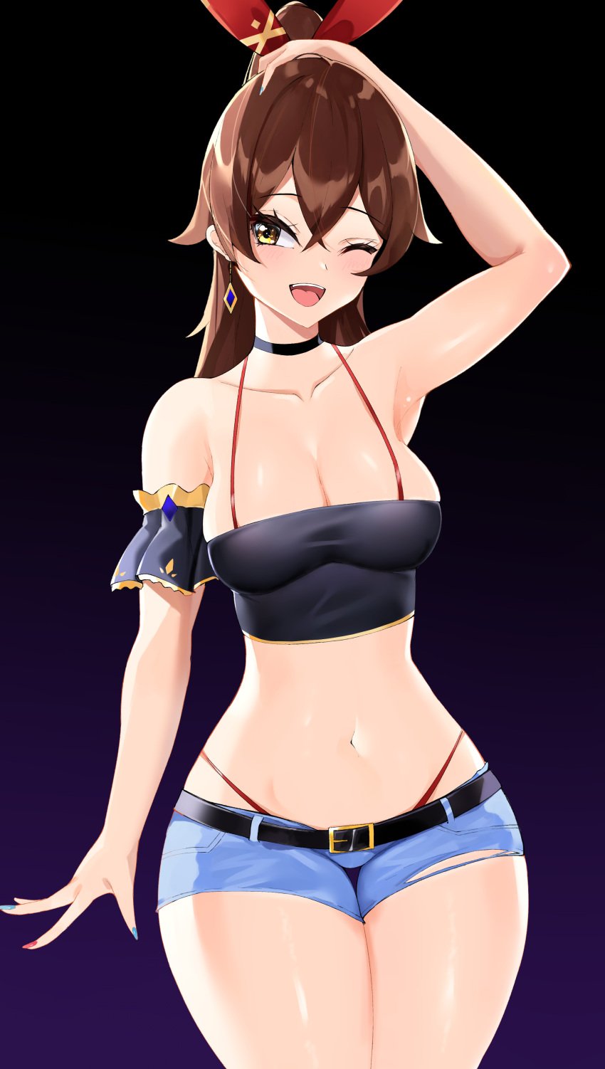 1girls amber_(genshin_impact) arm_up armpits belly_button belt black_crop_top black_shirt blue_nails blush breasts brown_hair choker crop_top earring earrings female genshin_impact hair_ribbon hand_on_head light-skinned_female light_skin mutsu_ane_daisuki ponytail purple_earrings red_nails red_thong ripped_pants ripped_shorts shiny_skin short_jeans short_shorts shorts solo solo_female thick_thighs thong thong_bikini thong_panties wide_hips wink yellow_eyes